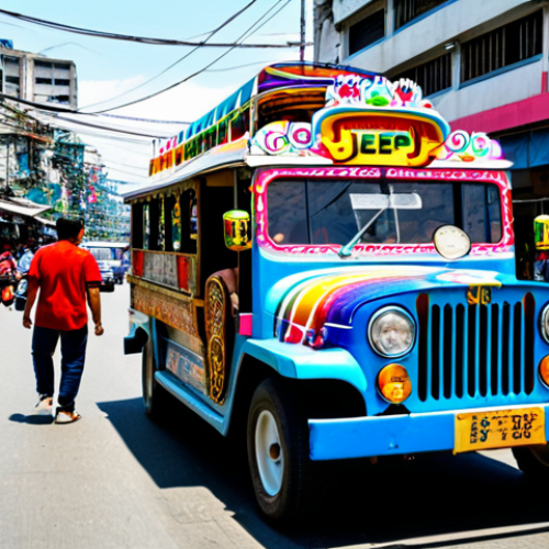 Home 11 **
"A vibrant, colorful Jeepney driving down a bustling street in Manila, Philippines. The Jeepney is adorned with unique decorations and artwork. People are happily riding inside, fully clothed in everyday attire. Street vendors and local shops line the background. Daytime, sunny weather. safe for work, appropriate content, fully clothed, professional photography, perfect anatomy, natural proportions, family-friendly."
**