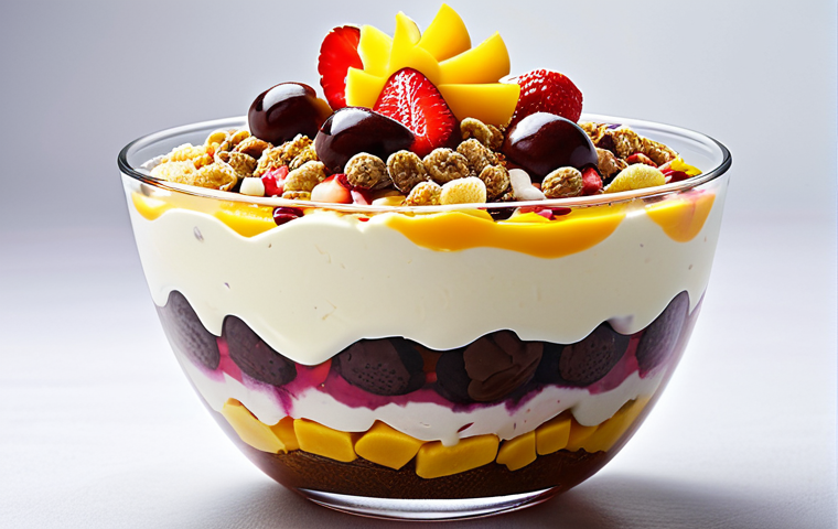 Halo-Halo Dessert Still Life**
"A vibrant halo-halo dessert in a glass bowl, overflowing with colorful layers of red beans, various tropical fruits (mango, banana, strawberry), clear coconut jelly, topped with a scoop of vanilla ice cream, drizzled with condensed milk and chocolate syrup, a few pieces of crispy cereal as topping, studio lighting, high detail, safe for work, appropriate content, fully clothed, family-friendly."
**